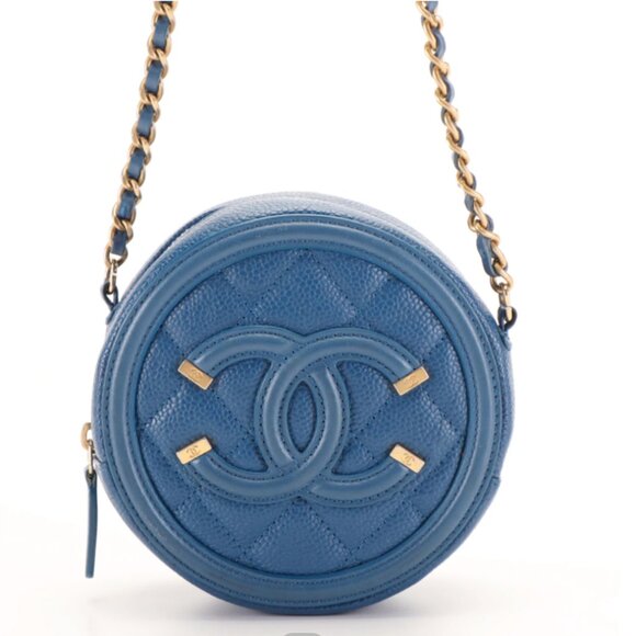 Chanel CC Filigree Round Clutch with Chain in Blue Quilted Caviar Leather - Picture 1 of 6
